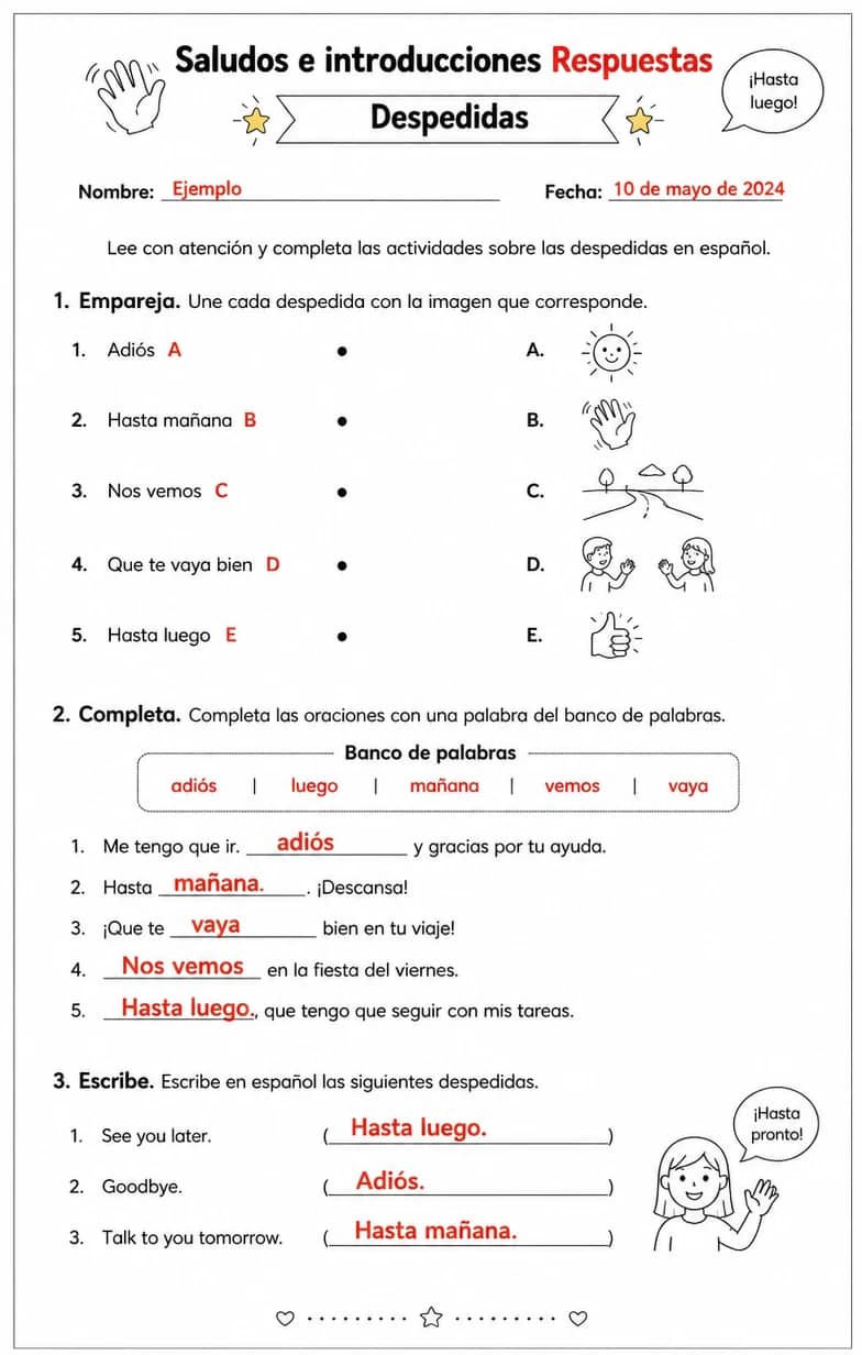 Answer key for Reconocer palabras, frases o oraciones en español relacionadas con despedidas. — free printable Spanish worksheet
