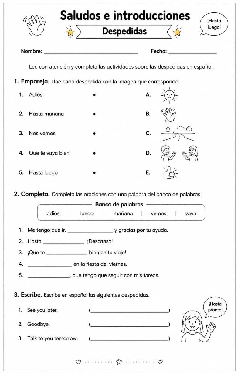 Reconocer palabras, frases o oraciones en español relacionadas con despedidas. — free printable Middle School Spanish worksheet