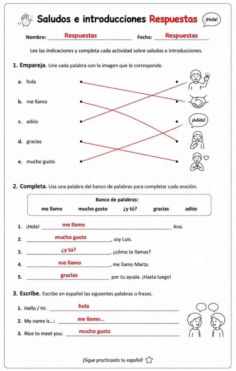Answer key for Reconocer palabras, frases o oraciones en español relacionadas con presentaciones. — free printable Spanish worksheet