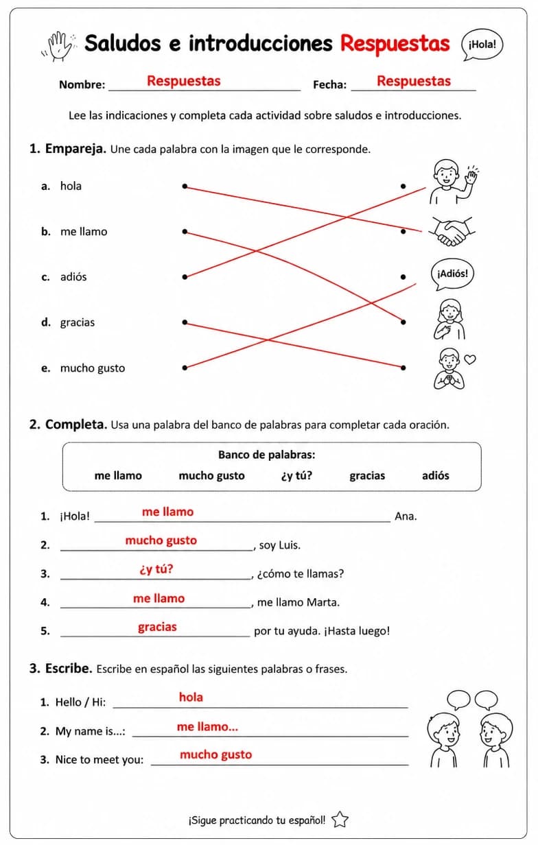 Answer key for Reconocer palabras, frases o oraciones en español relacionadas con presentaciones. — free printable Spanish worksheet