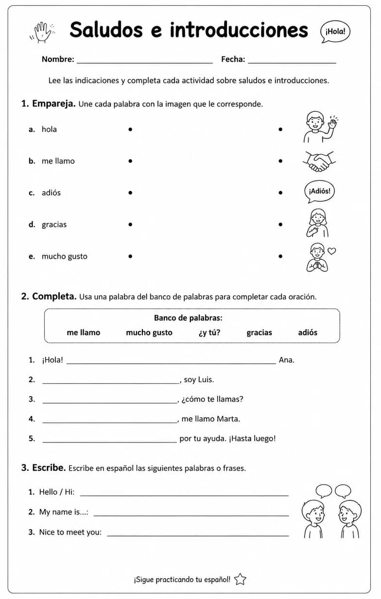 Reconocer palabras, frases o oraciones en español relacionadas con presentaciones. — free printable Middle School Spanish worksheet