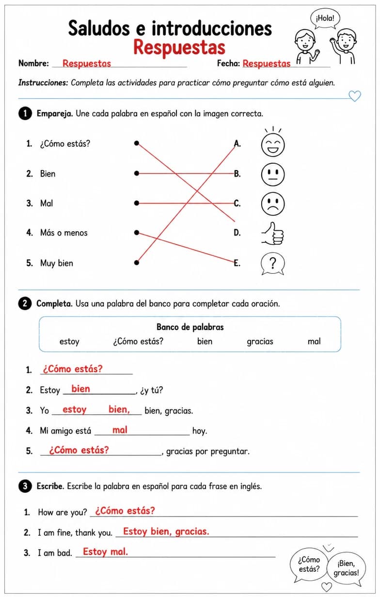 Answer key for Reconocer palabras, frases o oraciones en español relacionadas con preguntar cómo está alguien. — free printable Spanish worksheet