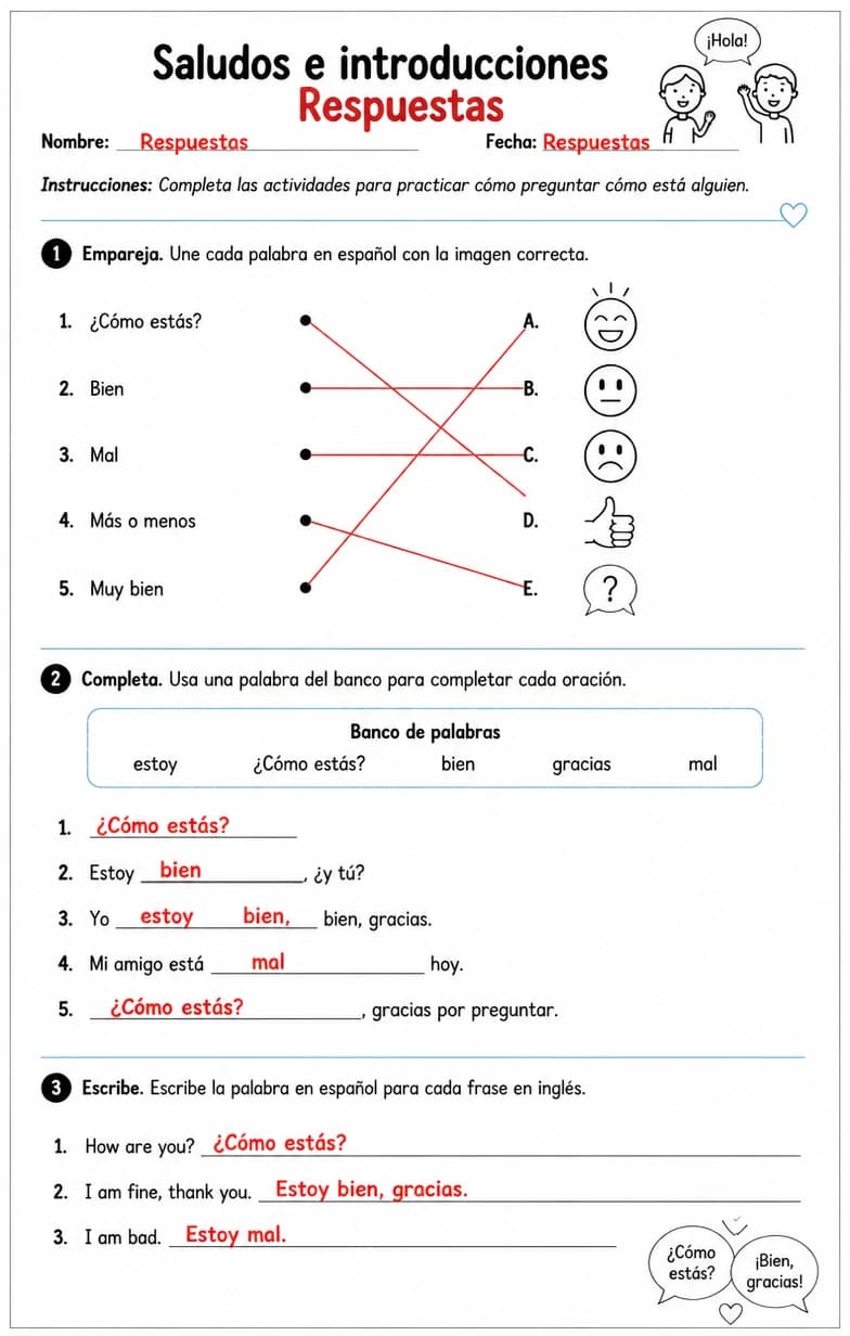Answer key for Reconocer palabras, frases o oraciones en español relacionadas con preguntar cómo está alguien. — free printable Spanish worksheet