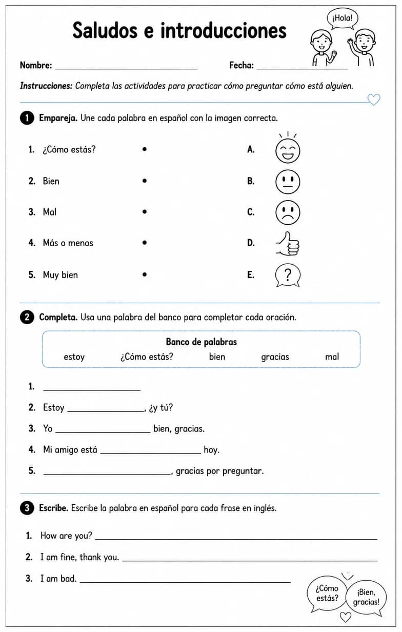 Reconocer palabras, frases o oraciones en español relacionadas con preguntar cómo está alguien. — free printable Middle School Spanish worksheet