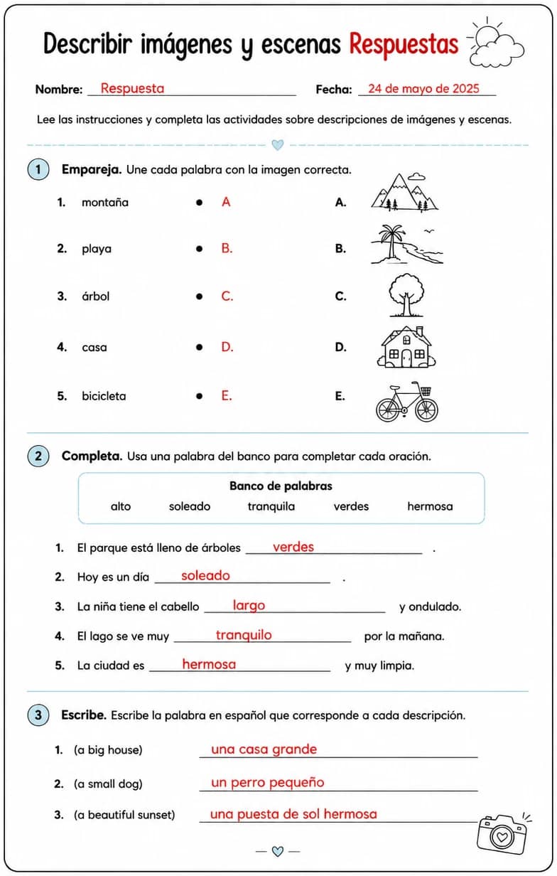 Answer key for Reconocer palabras, frases o oraciones en español relacionadas con descripciones de imágenes. — free printable Spanish worksheet