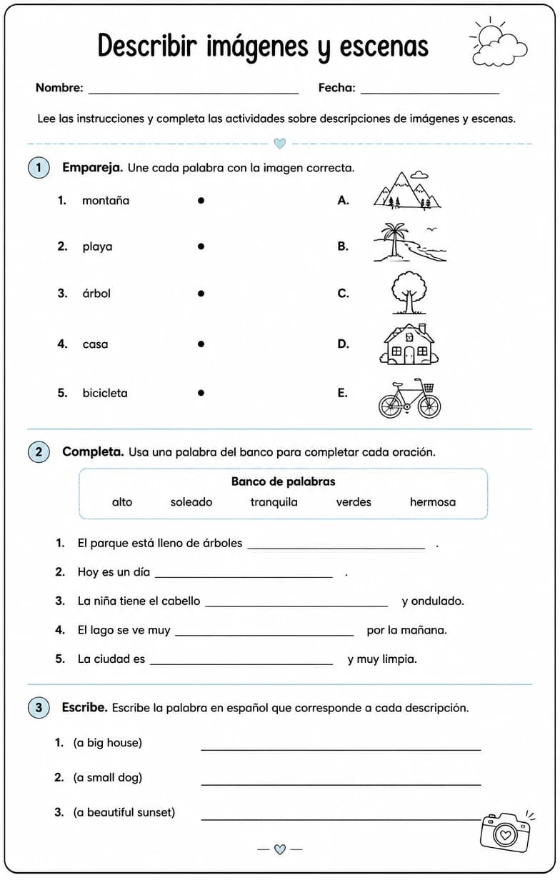 Reconocer palabras, frases o oraciones en español relacionadas con descripciones de imágenes.
