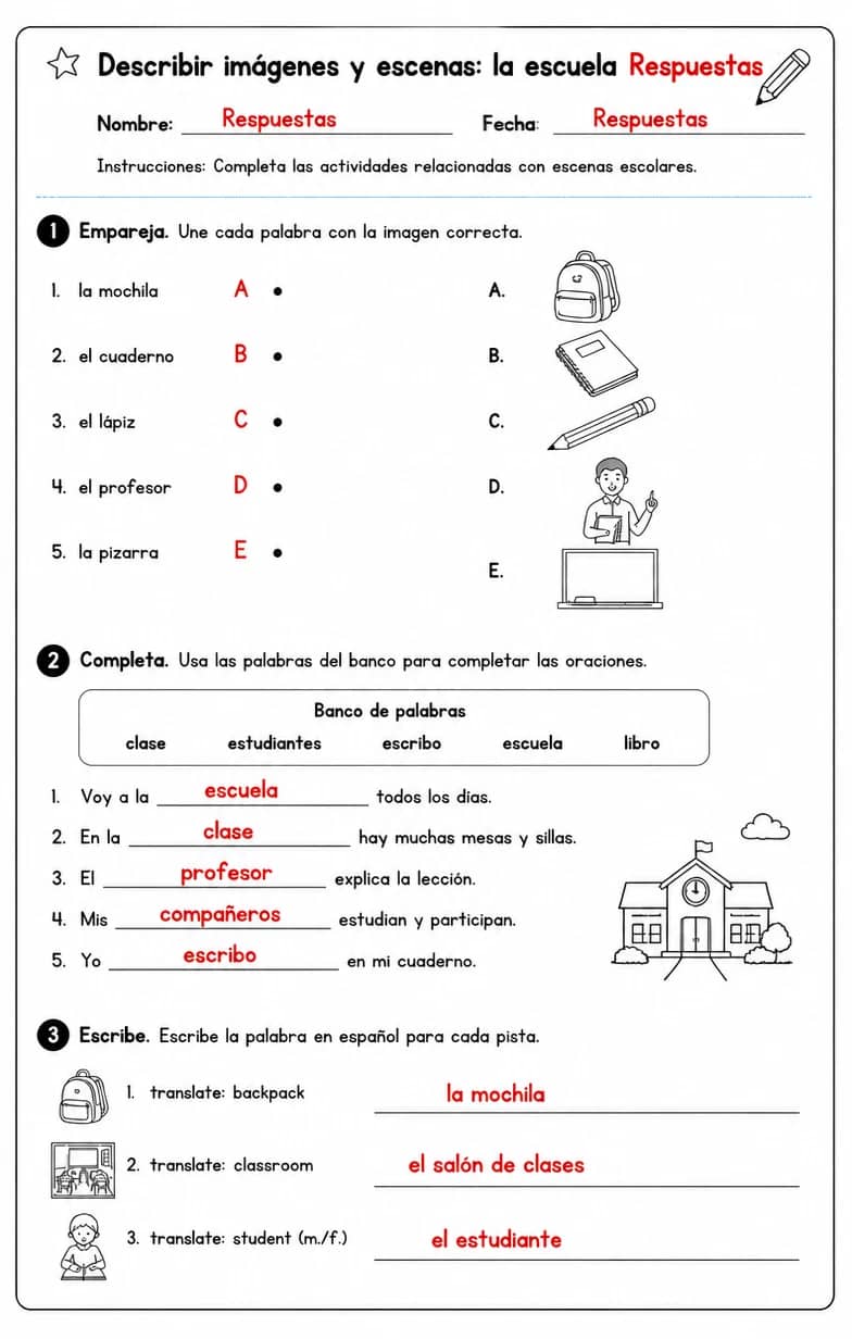 Answer key for Reconocer palabras, frases o oraciones en español relacionadas con escenas escolares. — free printable Spanish worksheet