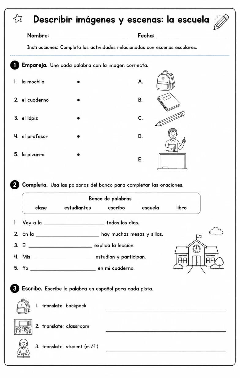 Reconocer palabras, frases o oraciones en español relacionadas con escenas escolares. — free printable High School Spanish worksheet