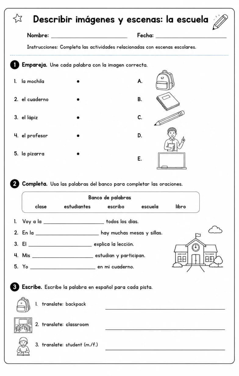 Reconocer palabras, frases o oraciones en español relacionadas con escenas escolares.