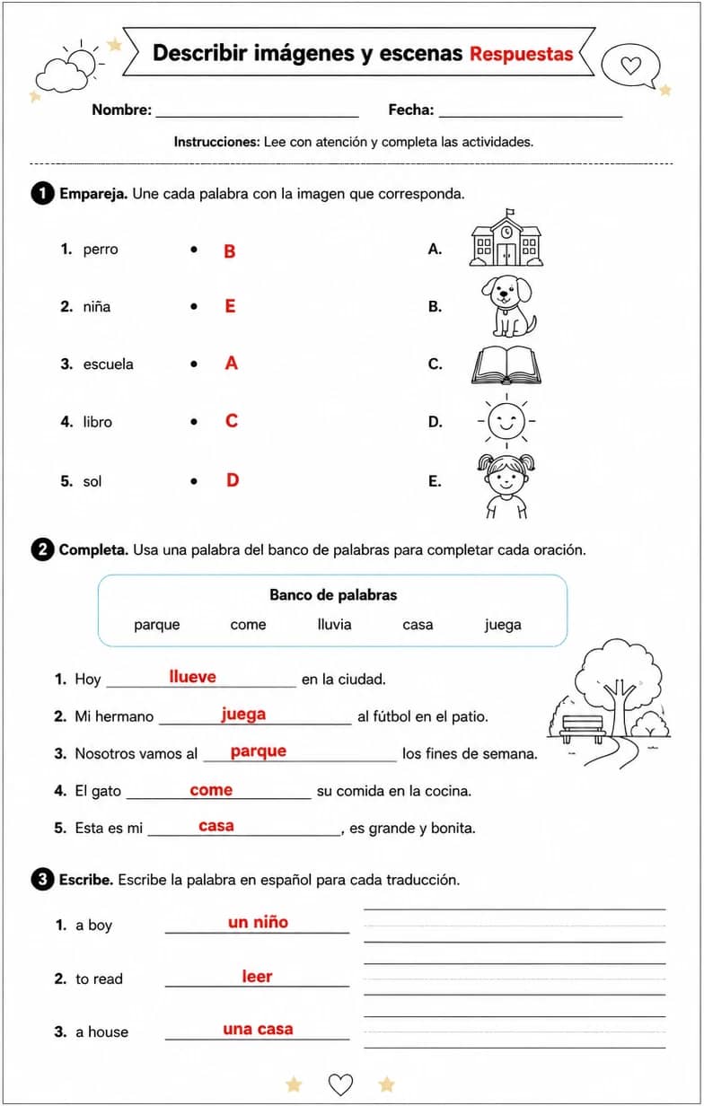 Answer key for Reconocer palabras, frases o oraciones en español relacionadas con lo que está sucediendo. — free printable Spanish worksheet
