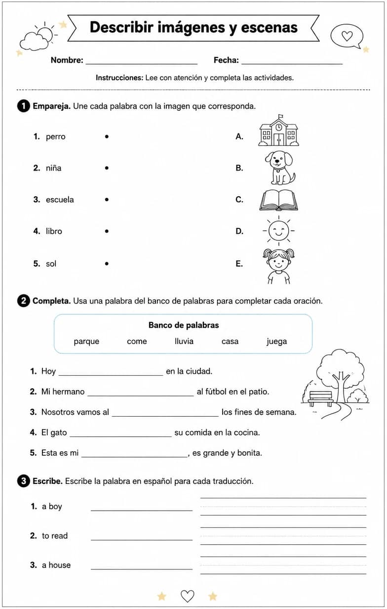 Reconocer palabras, frases o oraciones en español relacionadas con lo que está sucediendo. — free printable High School Spanish worksheet