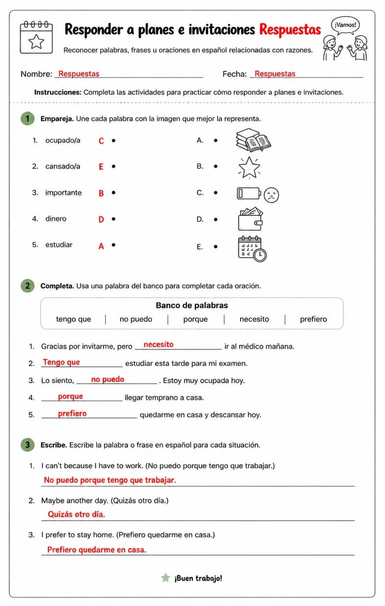 Answer key for Reconocer palabras, frases o oraciones en español relacionadas con razones. — free printable Spanish worksheet