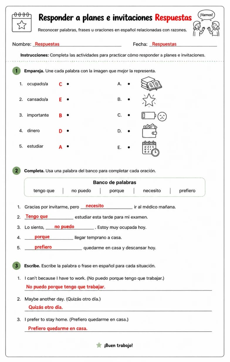 Answer key for Reconocer palabras, frases o oraciones en español relacionadas con razones. — free printable Spanish worksheet