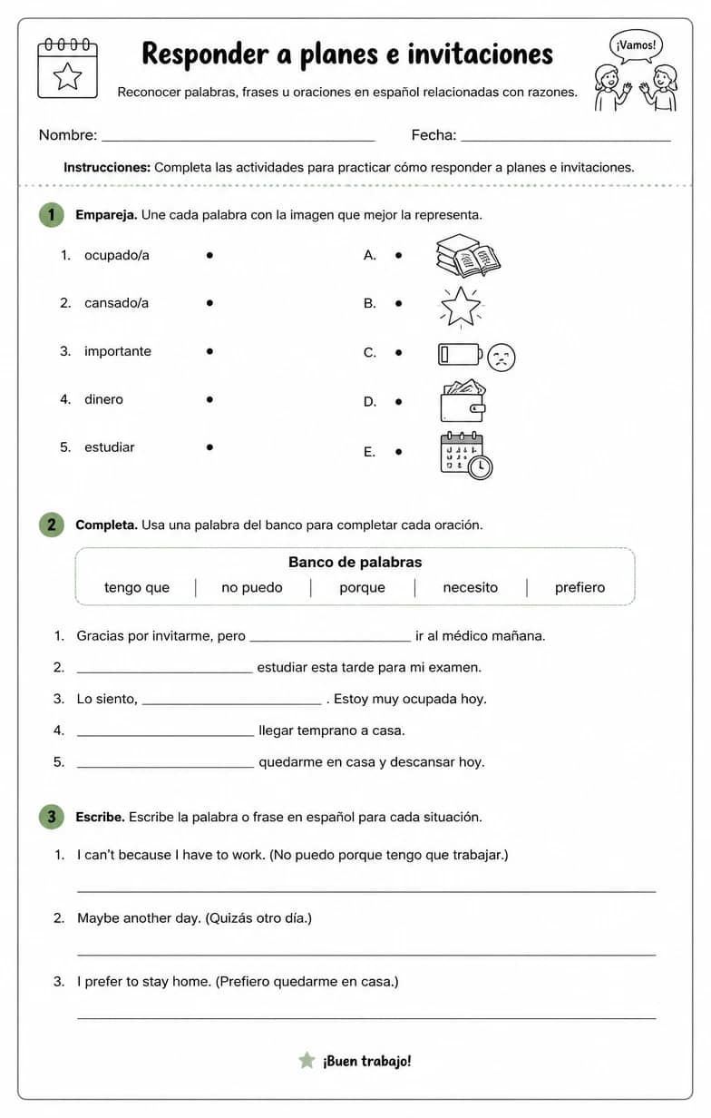 Reconocer palabras, frases o oraciones en español relacionadas con razones. — free printable High School Spanish worksheet