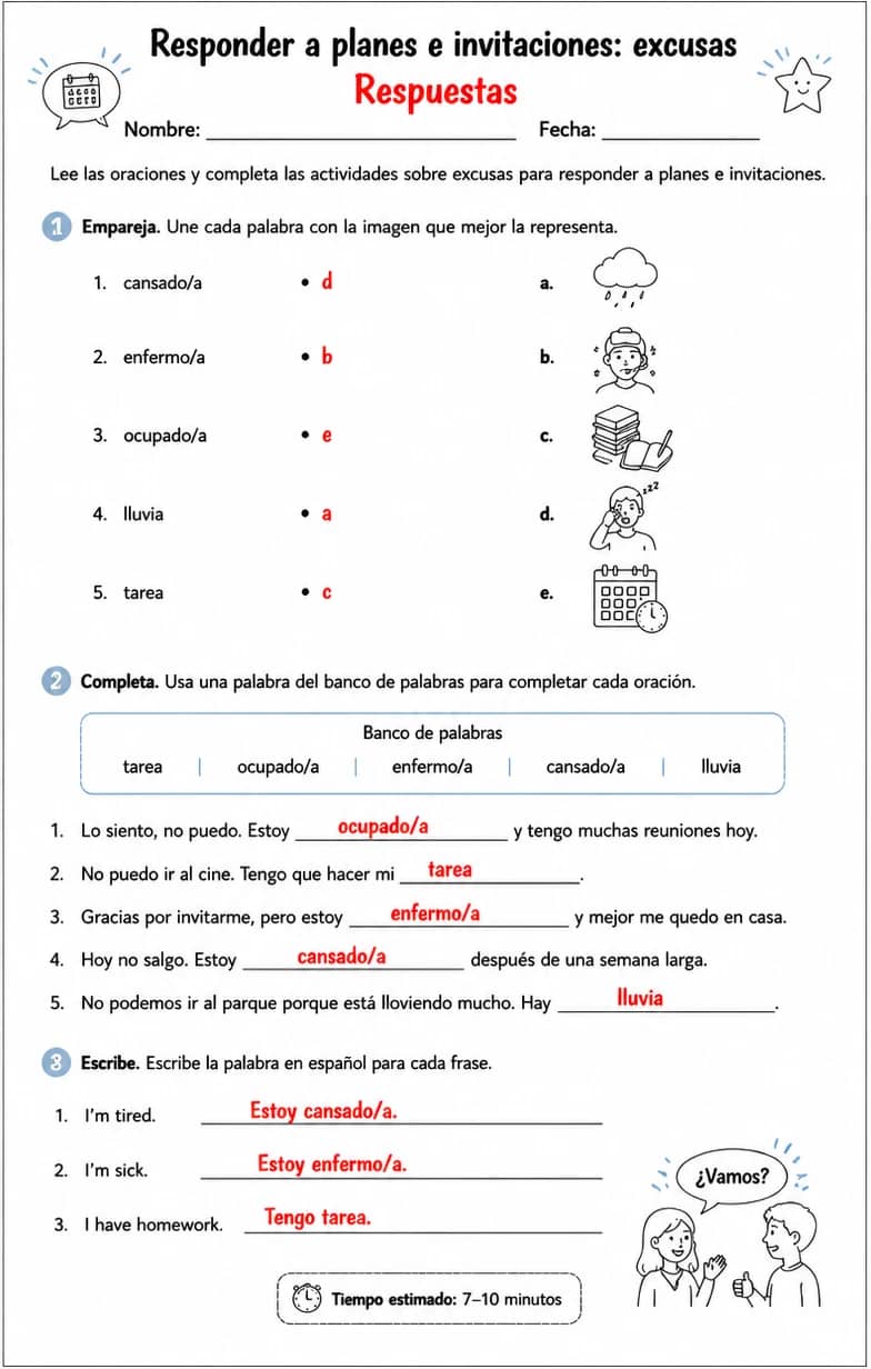 Answer key for Reconocer palabras, frases o oraciones en español relacionadas con excusas. — free printable Spanish worksheet