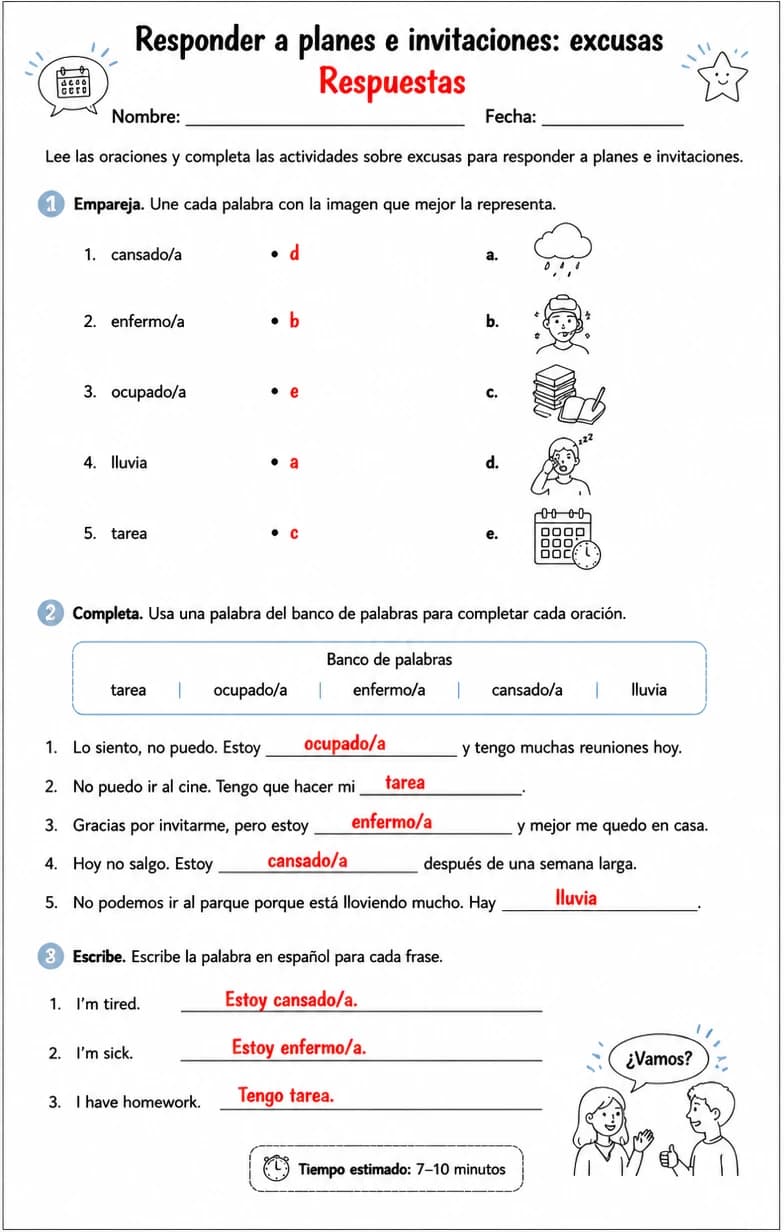 Answer key for Reconocer palabras, frases o oraciones en español relacionadas con excusas. — free printable Spanish worksheet