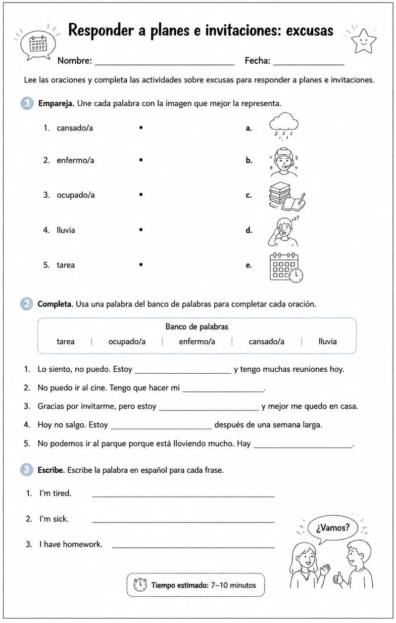 Reconocer palabras, frases o oraciones en español relacionadas con excusas. — free printable High School Spanish worksheet