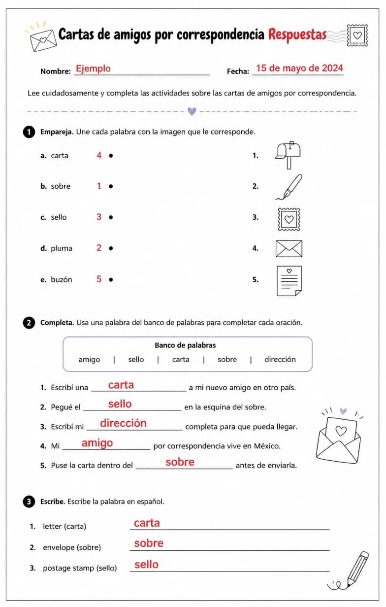 Answer key for Reconocer palabras, frases o oraciones en español relacionadas con cartas de amigos por correspondencia. — free printable Spanish worksheet