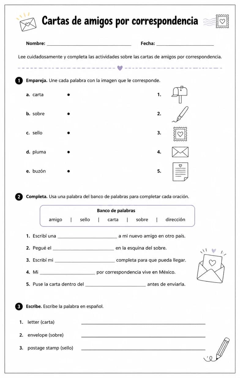 Reconocer palabras, frases o oraciones en español relacionadas con cartas de amigos por correspondencia. — free printable High School Spanish worksheet