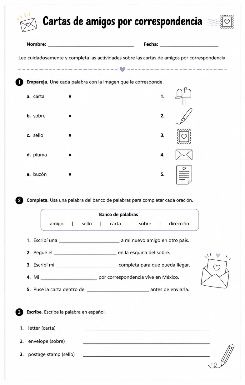 Reconocer palabras, frases o oraciones en español relacionadas con cartas de amigos por correspondencia.