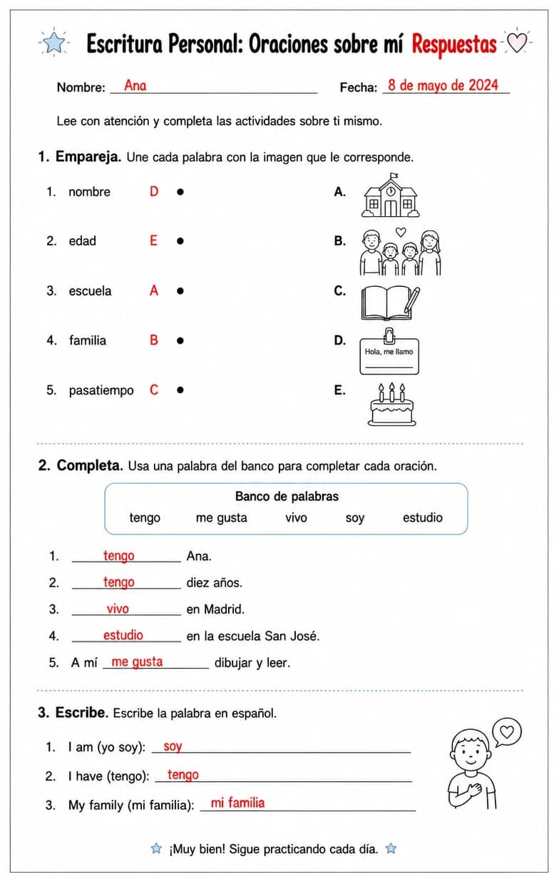 Answer key for Reconocer palabras, frases o oraciones en español relacionadas con oraciones sobre uno mismo. — free printable Spanish worksheet
