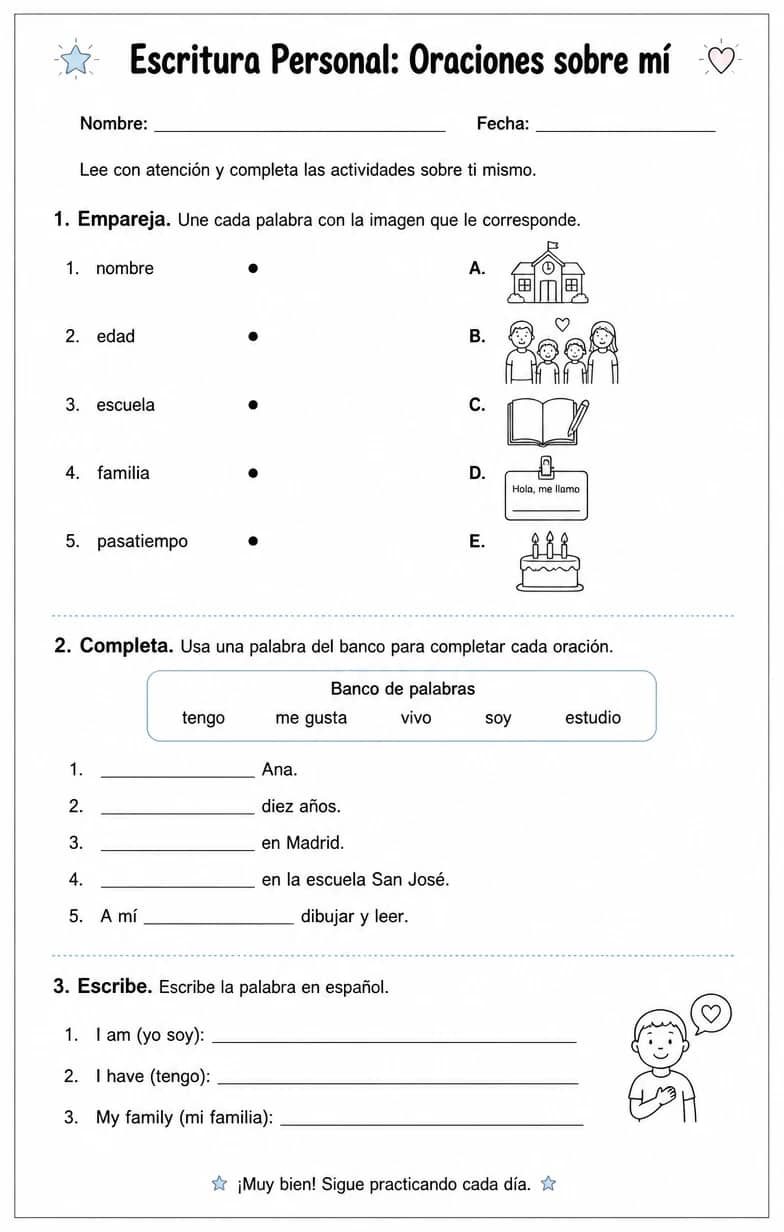 Reconocer palabras, frases o oraciones en español relacionadas con oraciones sobre uno mismo. — free printable High School Spanish worksheet