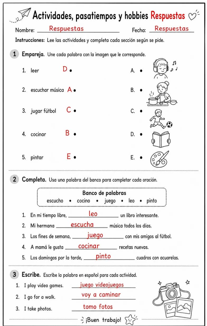 Answer key for Reconocer palabras, frases o oraciones en español relacionadas con actividades diarias. — free printable Spanish worksheet