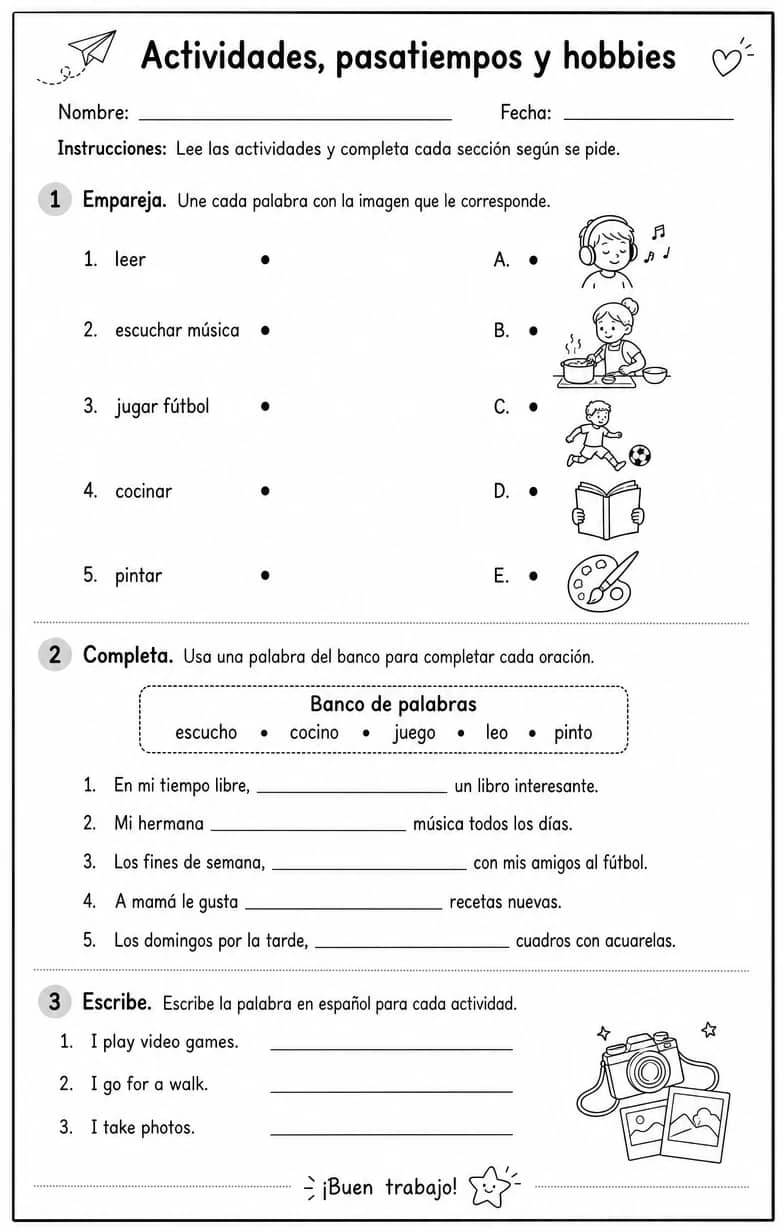 Reconocer palabras, frases o oraciones en español relacionadas con actividades diarias. — free printable Middle School Spanish worksheet