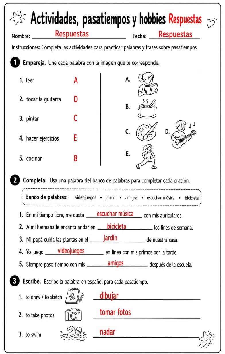 Answer key for Reconocer palabras, frases o oraciones en español relacionadas con pasatiempos. — free printable Spanish worksheet