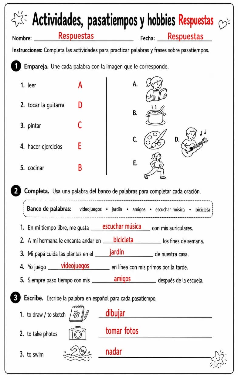 Answer key for Reconocer palabras, frases o oraciones en español relacionadas con pasatiempos. — free printable Spanish worksheet