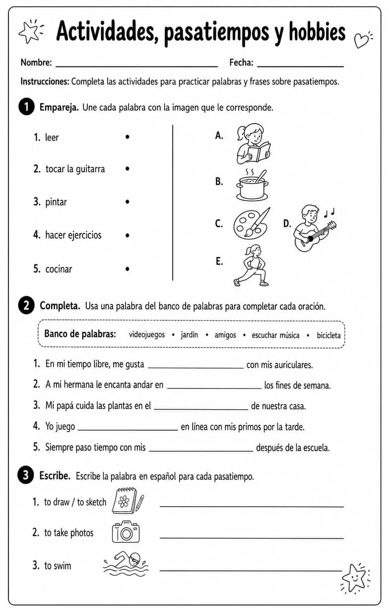 Reconocer palabras, frases o oraciones en español relacionadas con pasatiempos. — free printable Middle School Spanish worksheet