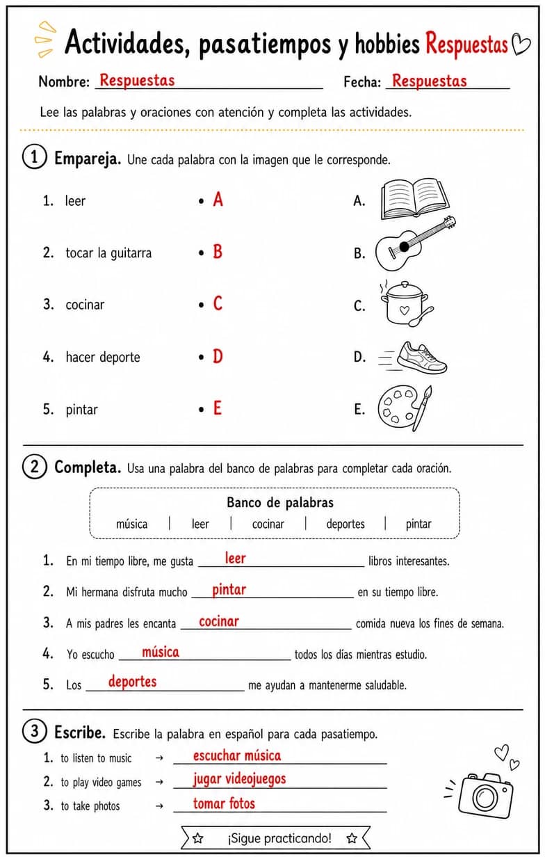 Answer key for Reconocer palabras, frases o oraciones en español relacionadas con hobbies. — free printable Spanish worksheet