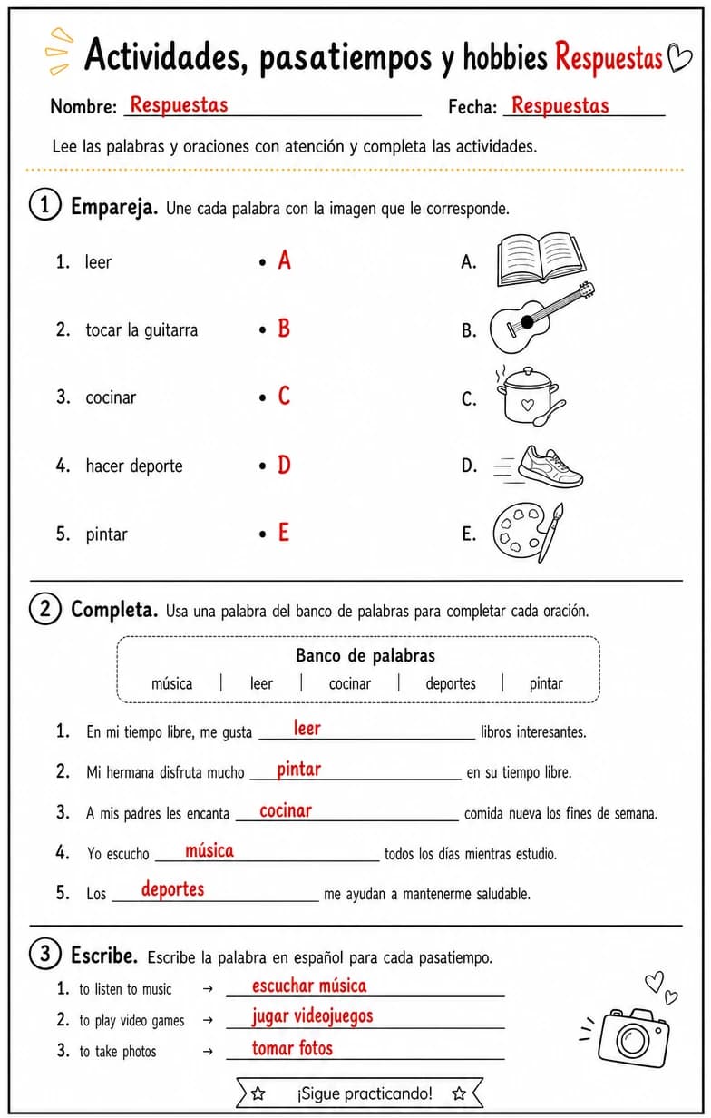 Answer key for Reconocer palabras, frases o oraciones en español relacionadas con hobbies. — free printable Spanish worksheet