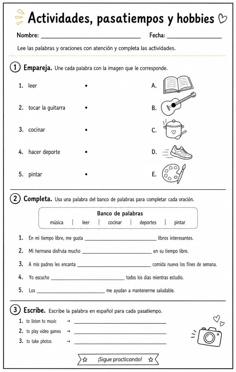 Reconocer palabras, frases o oraciones en español relacionadas con hobbies. — free printable Middle School Spanish worksheet