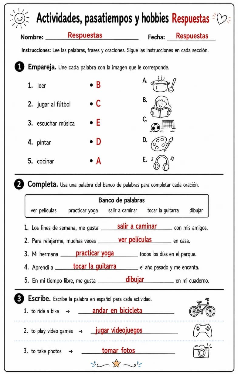 Answer key for Reconocer palabras, frases o oraciones en español relacionadas con actividades de tiempo libre. — free printable Spanish worksheet