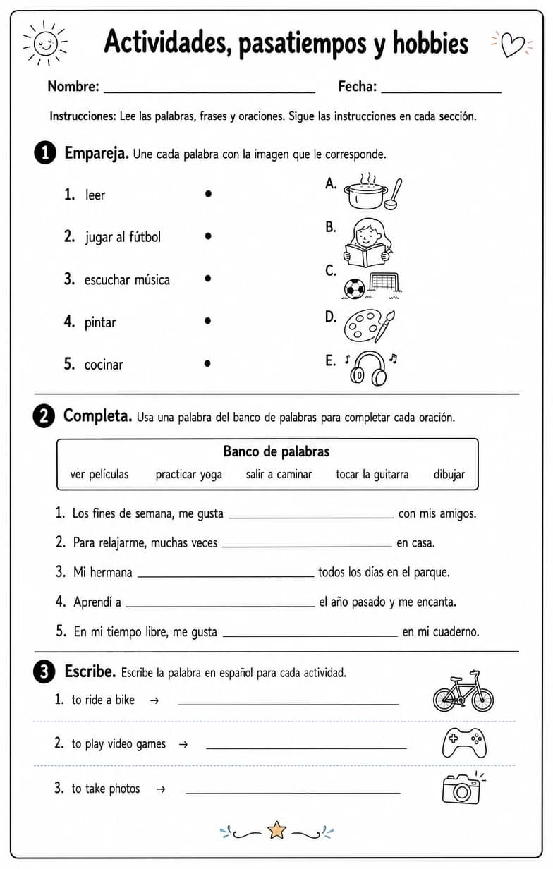 Reconocer palabras, frases o oraciones en español relacionadas con actividades de tiempo libre. — free printable Middle School Spanish worksheet