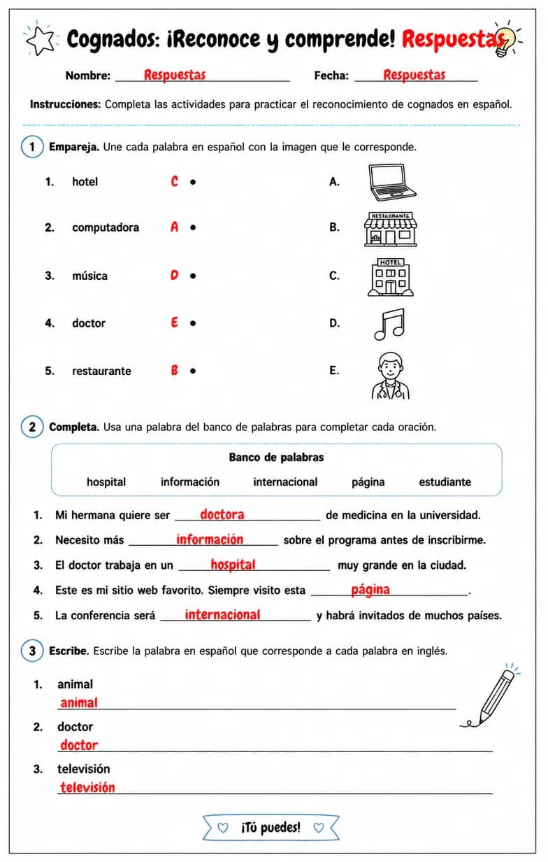Answer key for Reconocer palabras, frases o oraciones en español relacionadas con cognados. — free printable Spanish worksheet