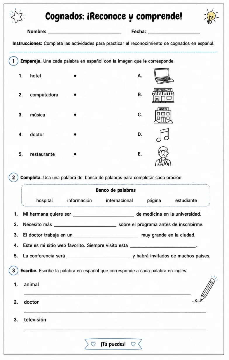 Reconocer palabras, frases o oraciones en español relacionadas con cognados. — free printable Middle School Spanish worksheet