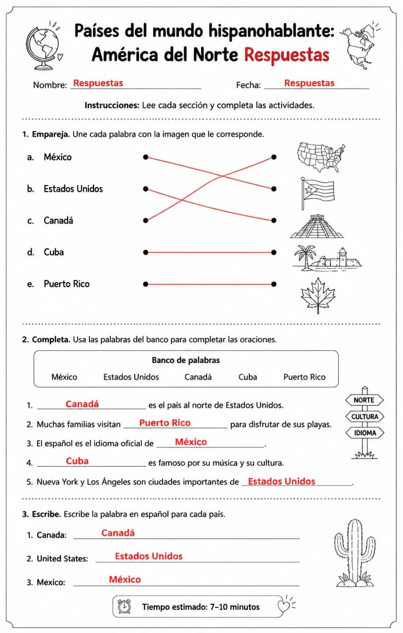Answer key for Reconocer palabras, frases o oraciones en español relacionadas con países hispanohablantes en América del Norte. — free printable Spanish worksheet