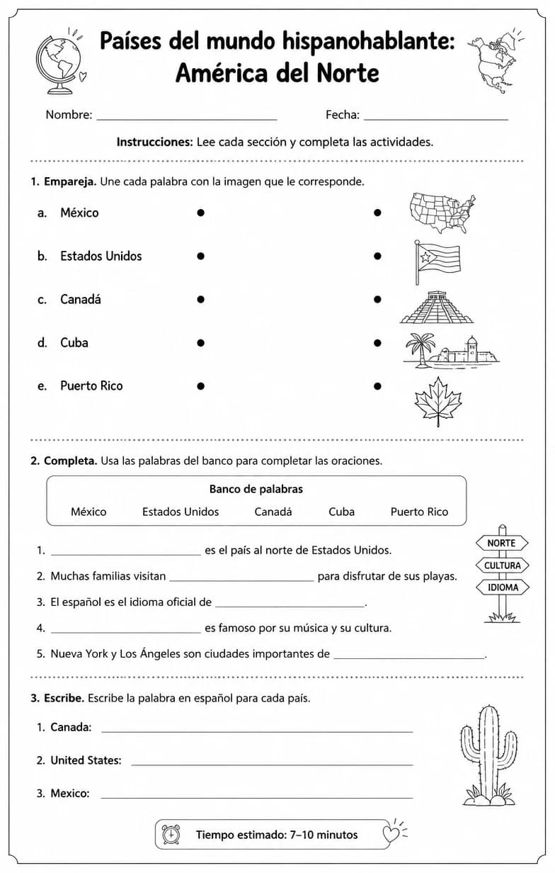 Reconocer palabras, frases o oraciones en español relacionadas con países hispanohablantes en América del Norte. — free printable Middle School Spanish worksheet