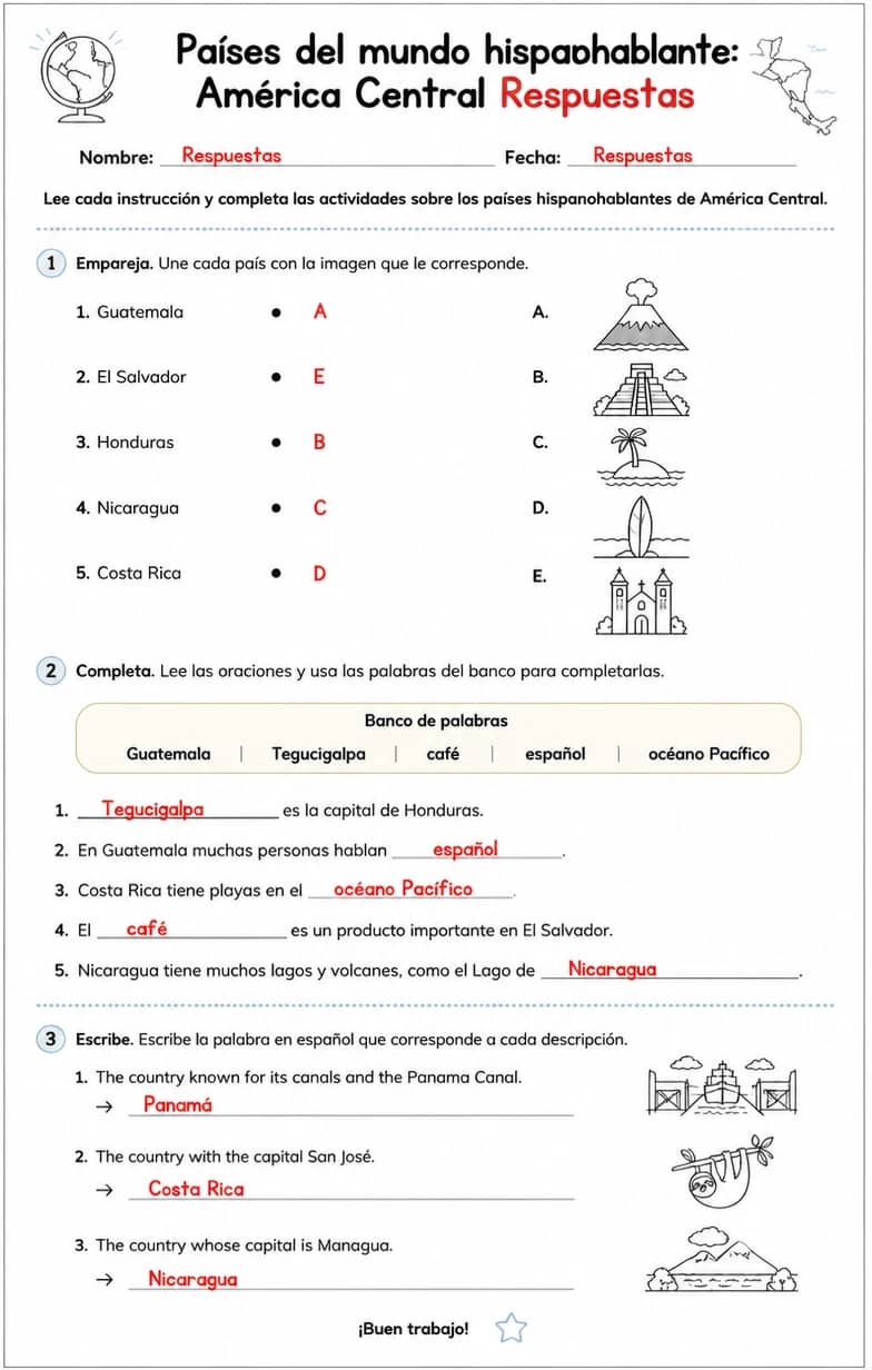 Answer key for Reconocer palabras, frases o oraciones en español relacionadas con países hispanohablantes en América Central. — free printable Spanish worksheet