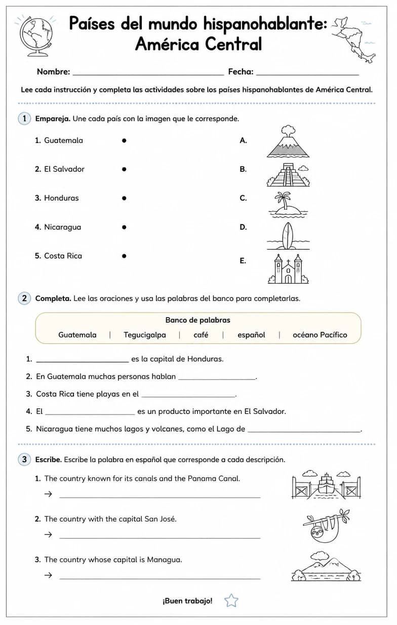 Reconocer palabras, frases o oraciones en español relacionadas con países hispanohablantes en América Central. — free printable Middle School Spanish worksheet