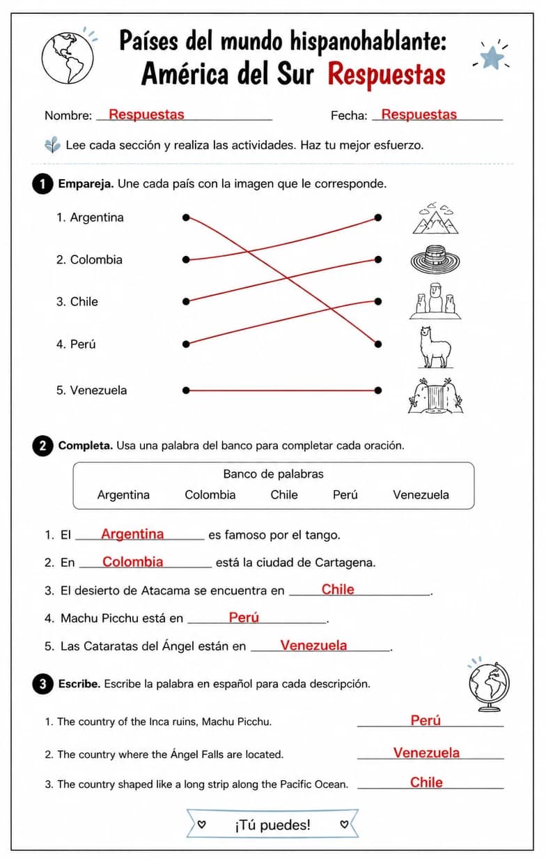 Answer key for Reconocer palabras, frases o oraciones en español relacionadas con países hispanohablantes en América del Sur. — free printable Spanish worksheet