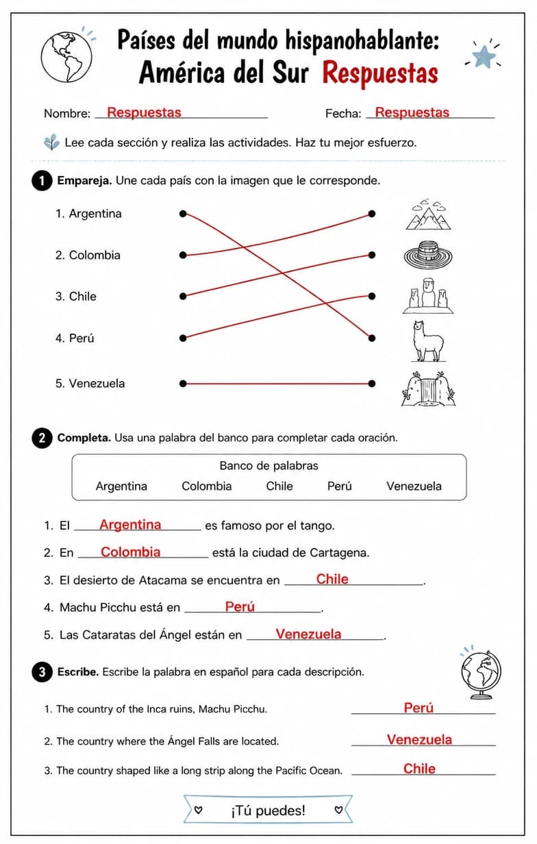 Answer key for Reconocer palabras, frases o oraciones en español relacionadas con países hispanohablantes en América del Sur. — free printable Spanish worksheet