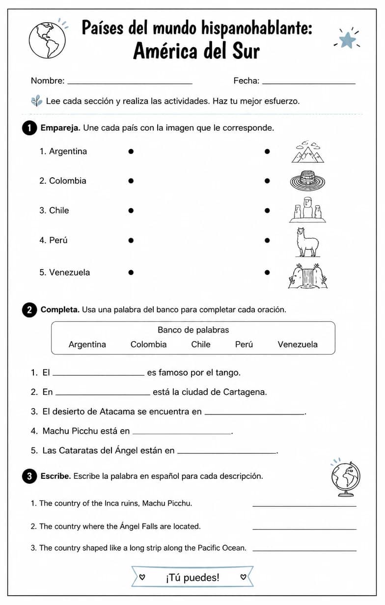 Reconocer palabras, frases o oraciones en español relacionadas con países hispanohablantes en América del Sur. — free printable Middle School Spanish worksheet