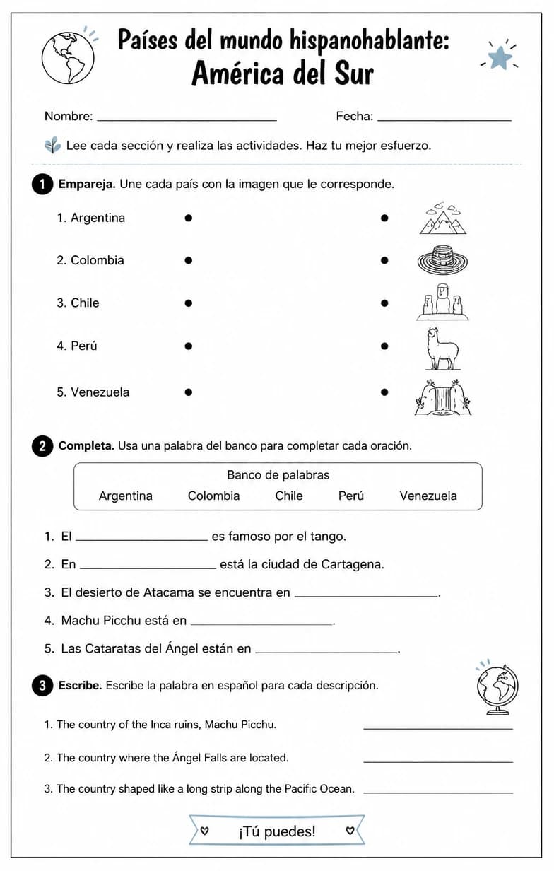 Reconocer palabras, frases o oraciones en español relacionadas con países hispanohablantes en América del Sur.