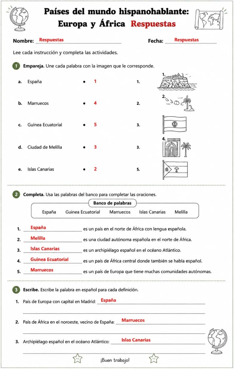 Answer key for Reconocer palabras, frases o oraciones en español relacionadas con regiones hispanohablantes en Europa y África. — free printable Spanish worksheet