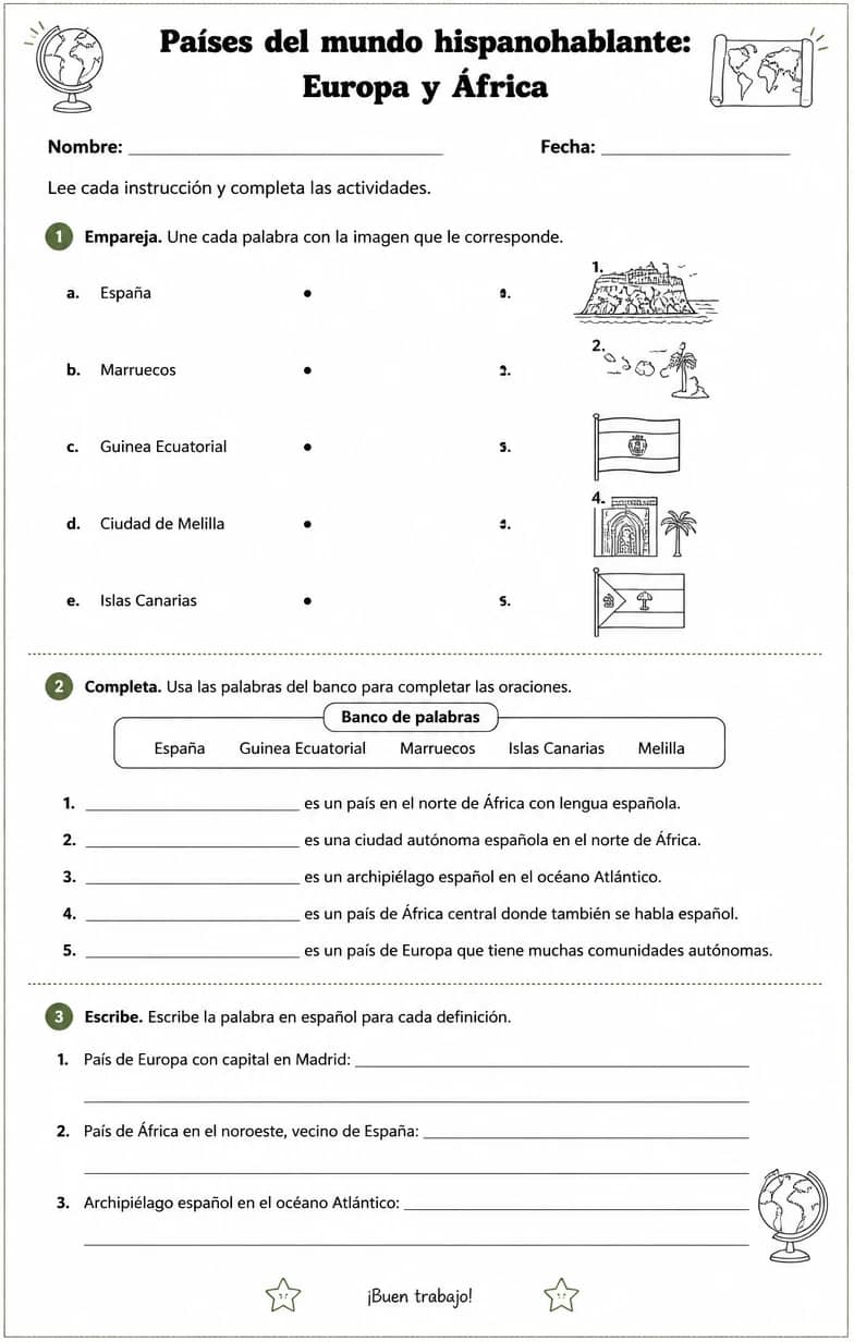 Reconocer palabras, frases o oraciones en español relacionadas con regiones hispanohablantes en Europa y África. — free printable Middle School Spanish worksheet
