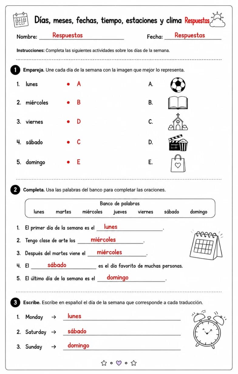 Answer key for Reconocer palabras, frases o oraciones en español relacionadas con los días de la semana. — free printable Spanish worksheet