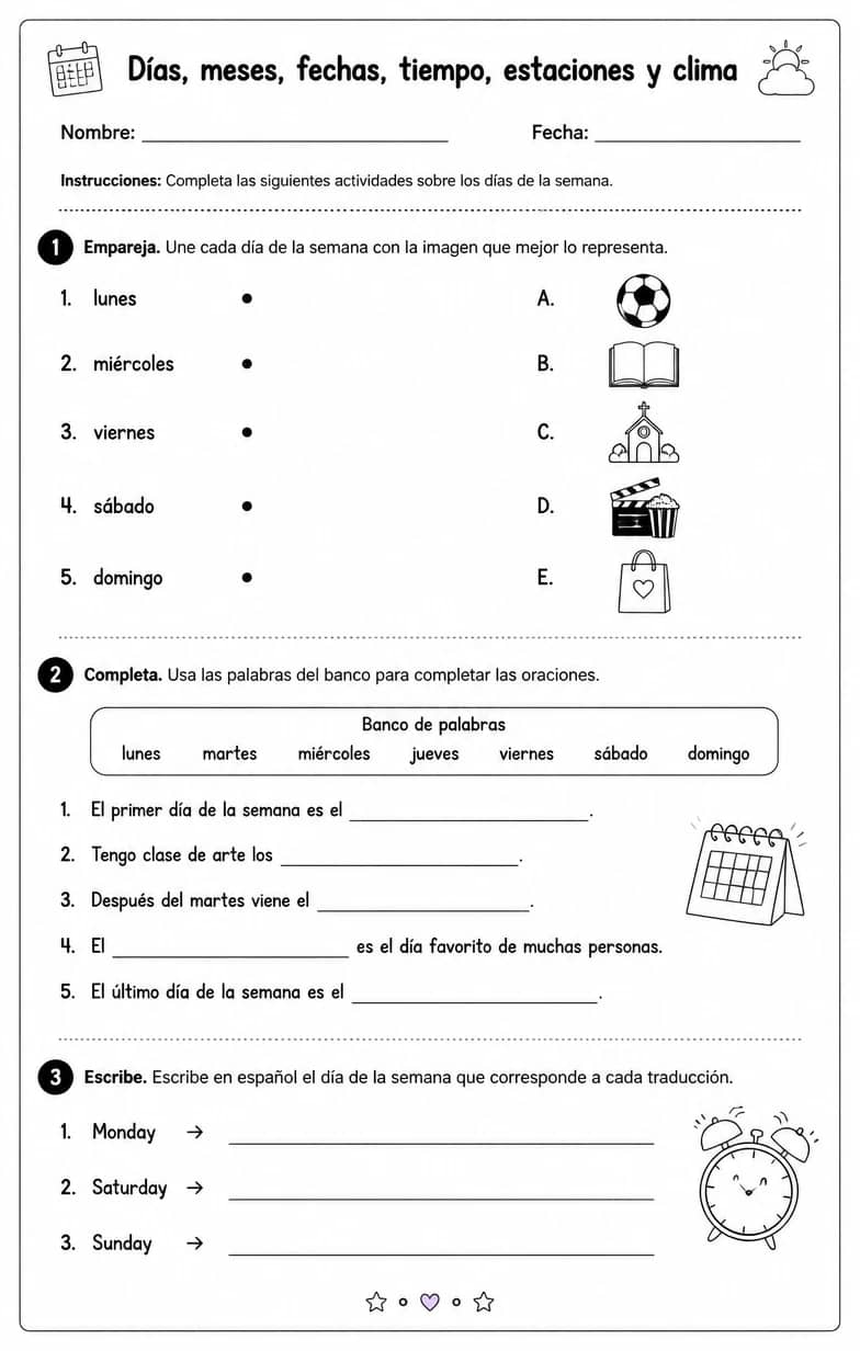 Reconocer palabras, frases o oraciones en español relacionadas con los días de la semana. — free printable Middle School Spanish worksheet